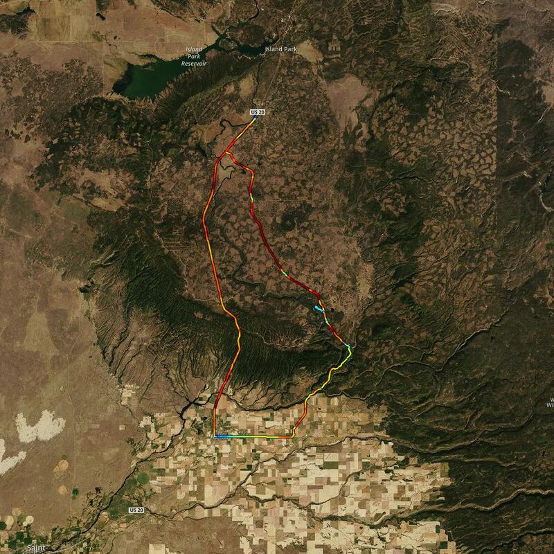 Route for the day. Color indicates speed. Map data (c) Mapbox.