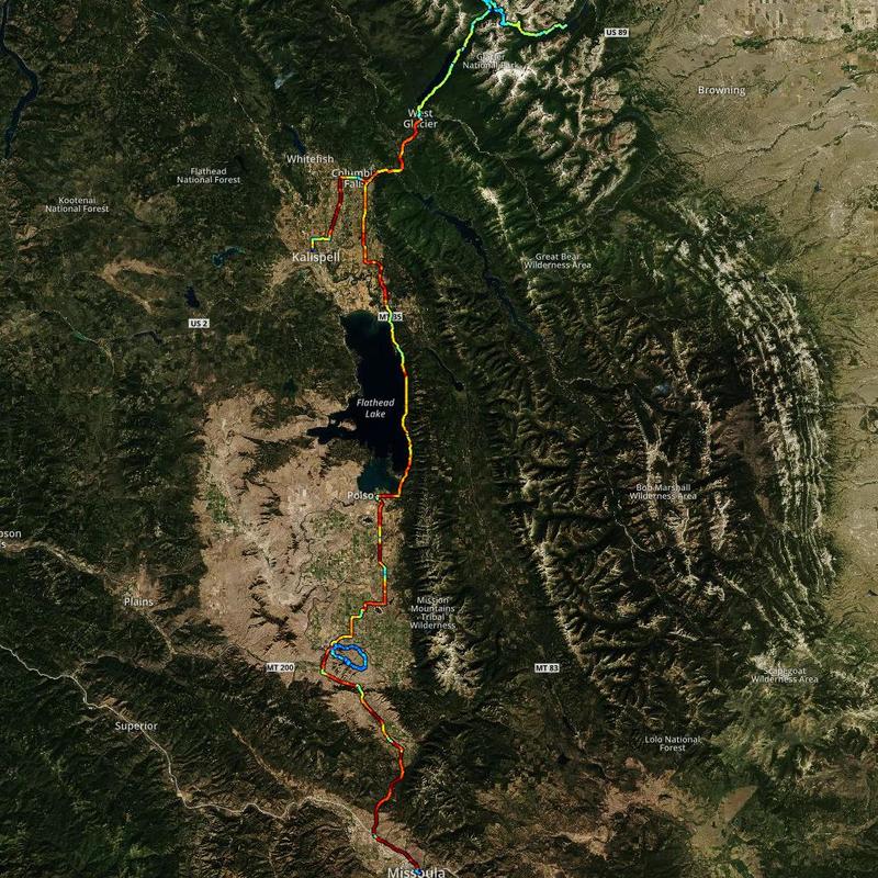 Route for the day. Color indicates speed. Map data (c) Mapbox.