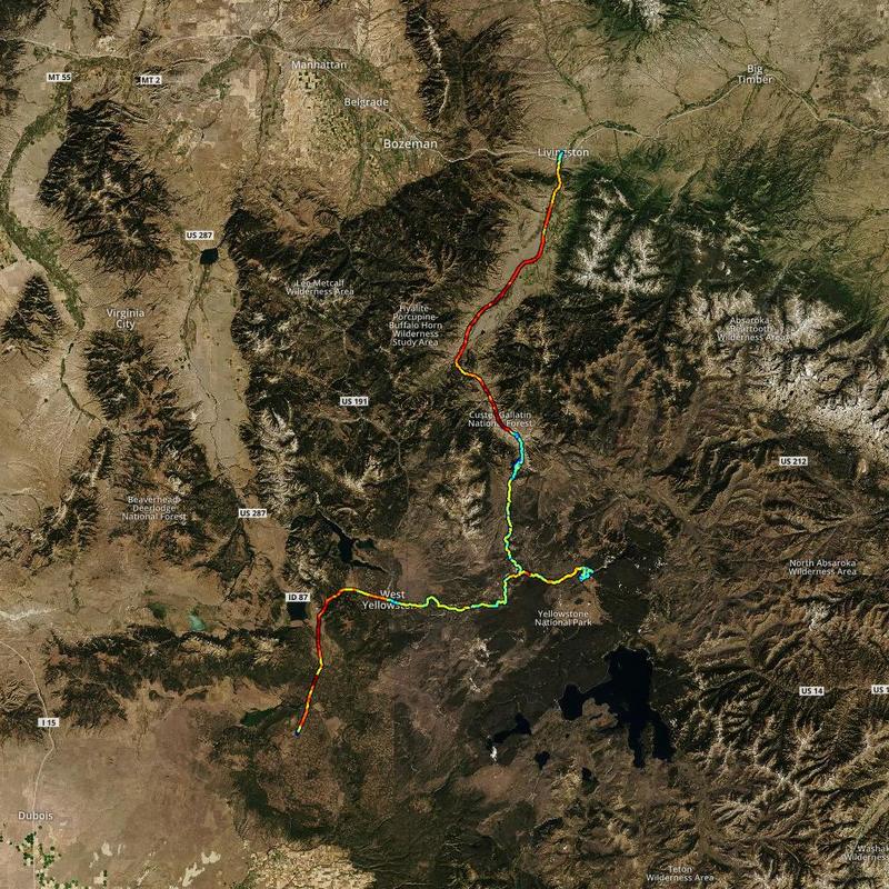 Route for the day. Color indicates speed. Map data (c) Mapbox.