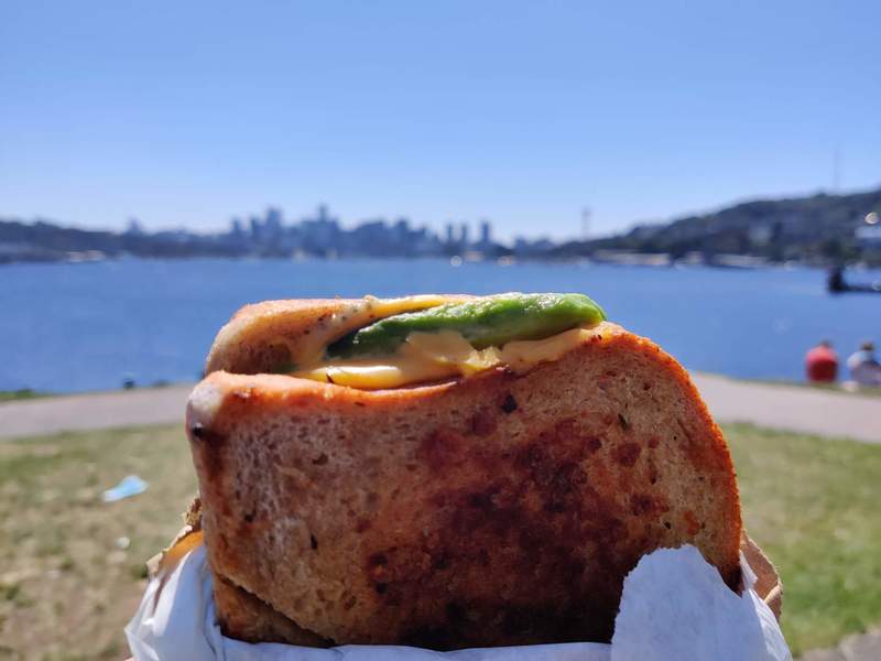 Avocado toast with a Seattle backdrop